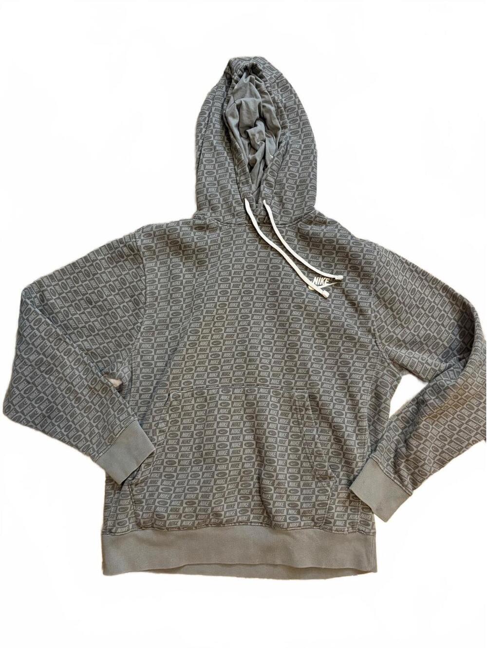 Nike All Over Logo Swoosh Print Gray Pullover Hoodie Small Monogram